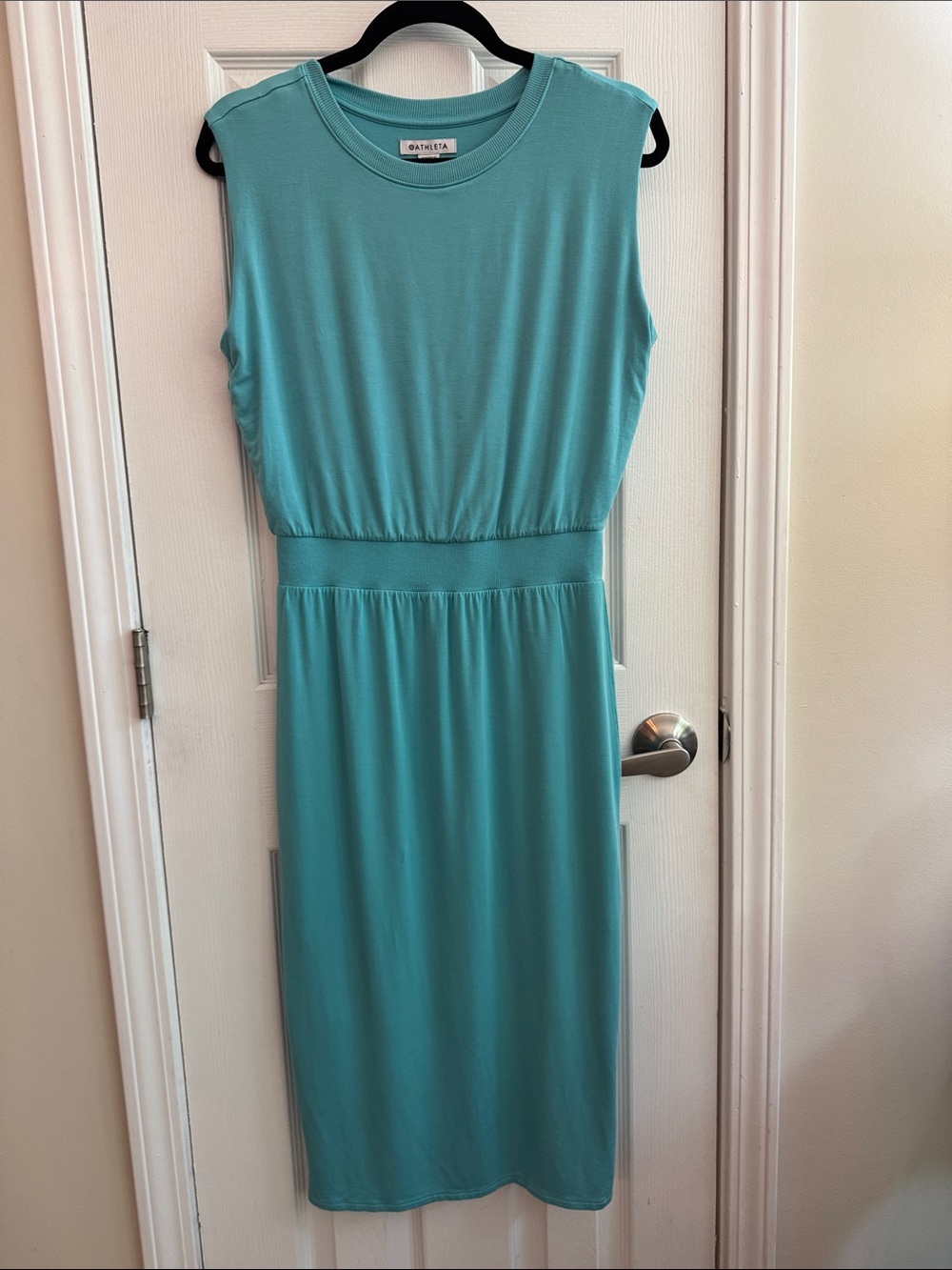 ATHLETA Santorini Cinch Jersey Knit Sleeveless Midi Dress Aqua Blue Size Small - Picture 3 of 6
